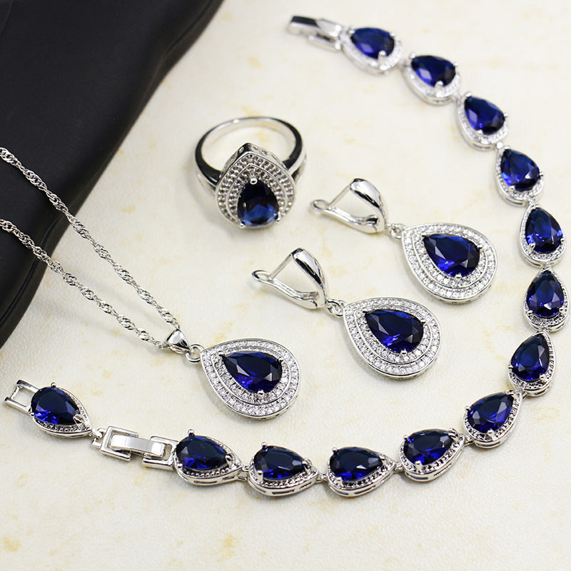 Crossborder Sources Of Blue Crystal Jewelry Threepiece Set Zircon Necklace Jewelry Bridal Necklace Jewelry