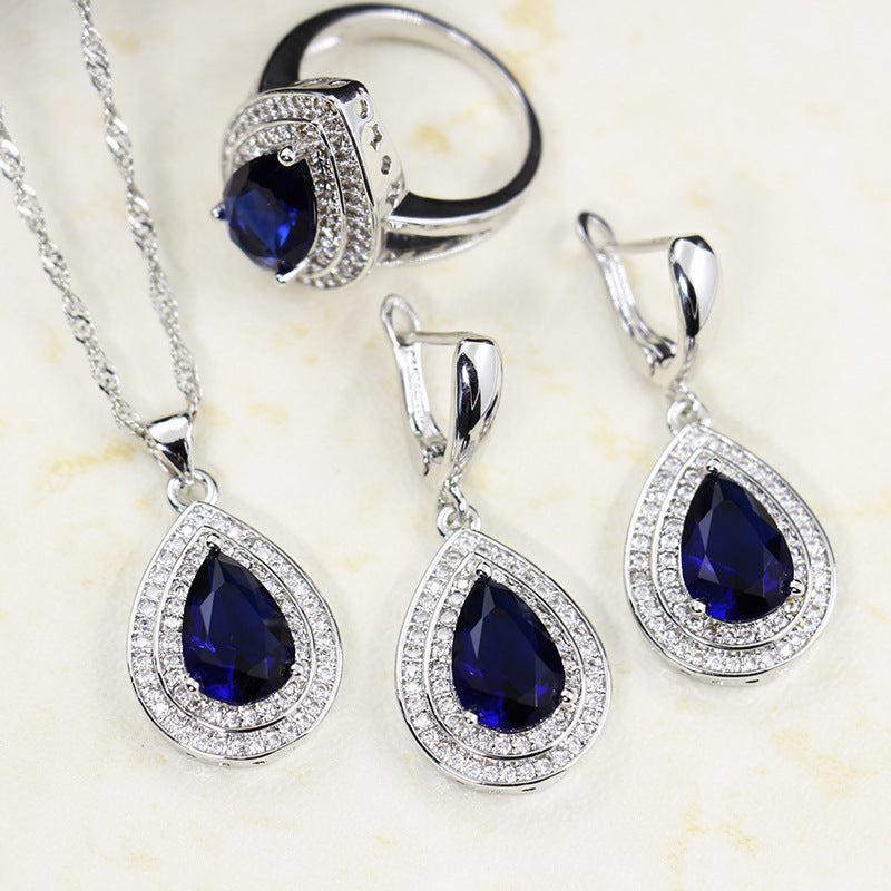 Crossborder Sources Of Blue Crystal Jewelry Threepiece Set Zircon Necklace Jewelry Bridal Necklace Jewelry