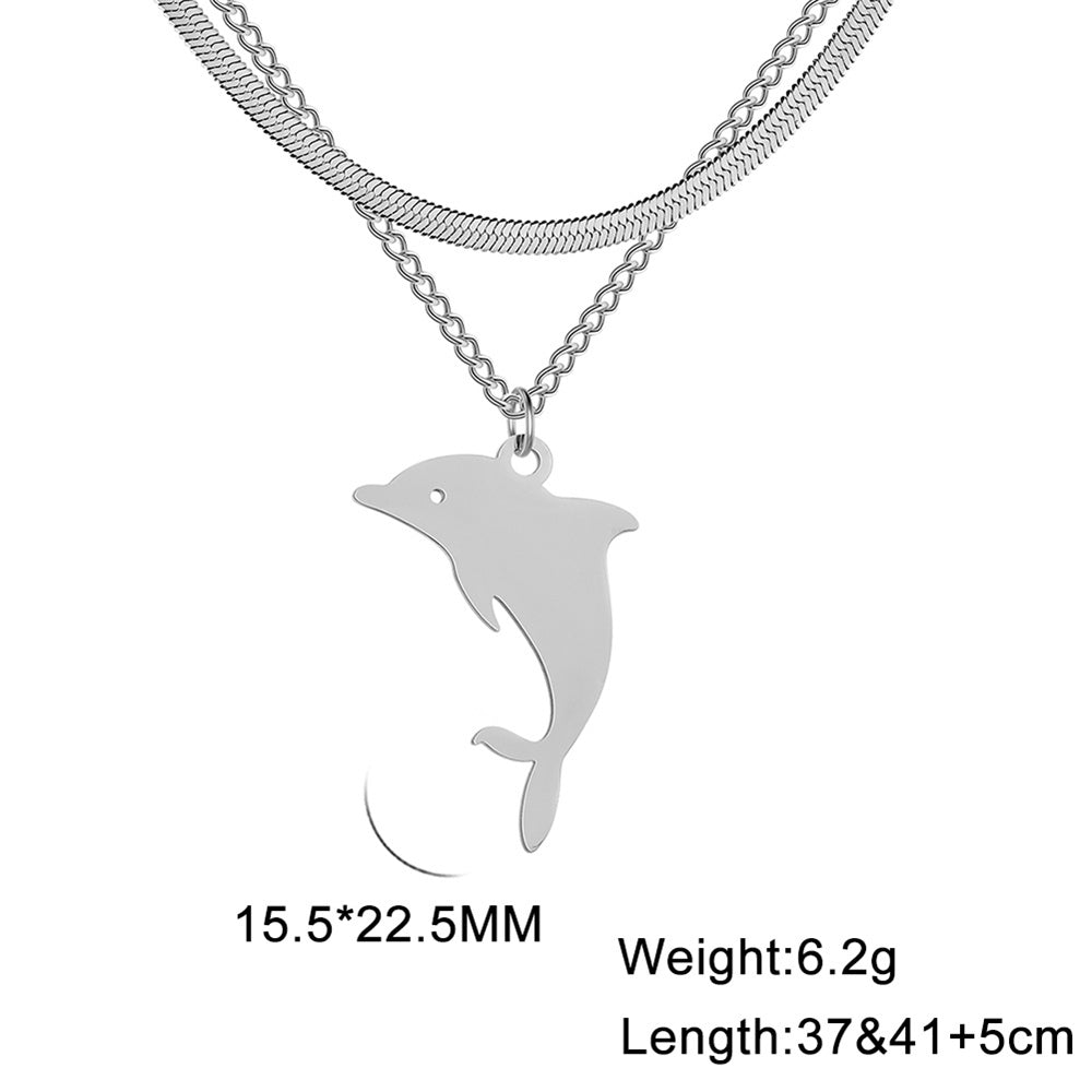 Unift Double Layer Stainless Steel Necklace For Woman Snake Chain Animal Bear Fox Dolphin Dog Pendant Fashion Jewelry Accessory