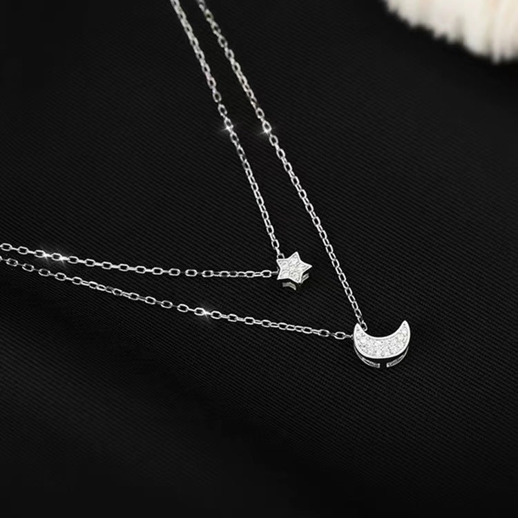 Sparkling Diamond Star Moon Double Layered Necklace